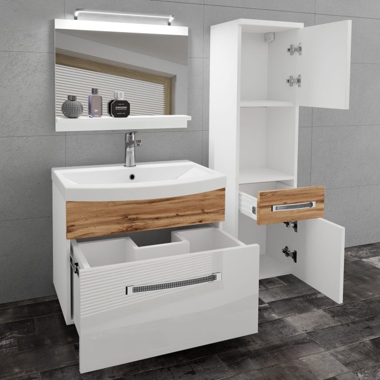 Badezimmermöbel Belini Premium Full Version Hochglanzweiß / Wotan-Eiche + Waschbecken + Spiegel + LED-Beleuchtung Glamour 55 Hersteller GLA PM 3/0/W/WDW/0/MB/PP
