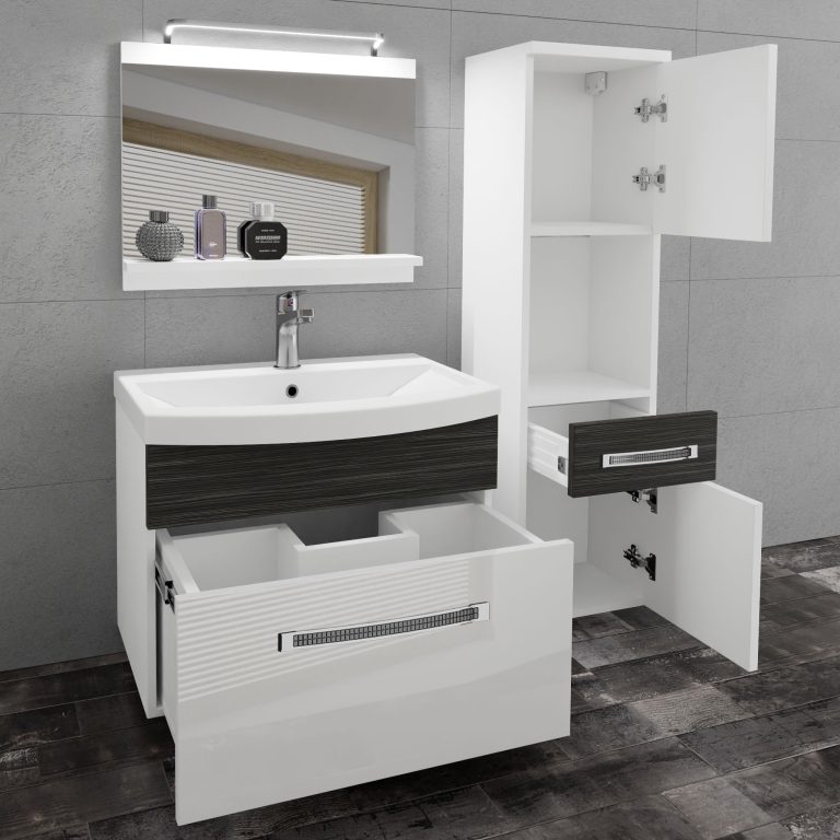 Badezimmermöbel Belini Premium Full Version Hochglanzweiß / königliches Ebenholz + Waschbecken + Spiegel + LED-Beleuchtung Glamour 54 Hersteller GLA PM 3/0/W/WHK/0/MB/PP