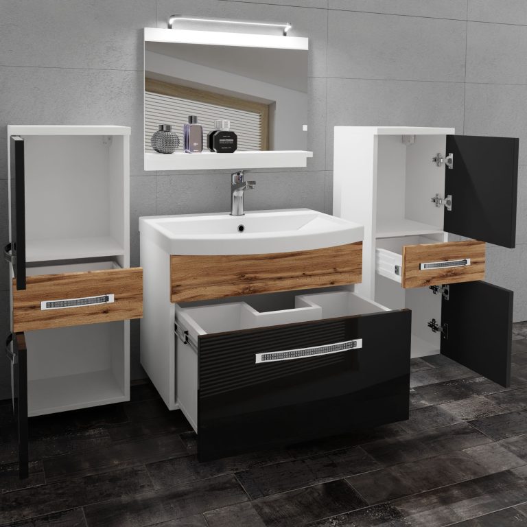 Badezimmermöbel Belini Premium Full Version Hochglanzschwarz / Wotan-Eiche + Waschbecken + Spiegel + LED-Beleuchtung Glamour 76 Hersteller GLA PM 4/0/W/BDW/0/MB/PP