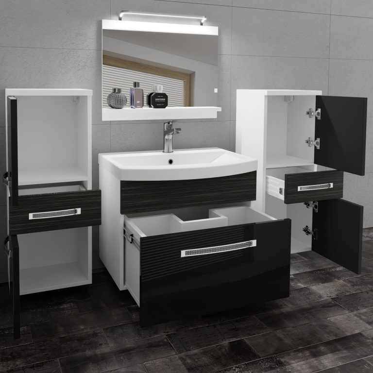 Badezimmermöbel Belini Premium Full Version Hochglanzschwarz / königliches Ebenholz + Waschbecken + Spiegel + LED-Beleuchtung Glamour 75 Hersteller GLA PM 4/0/W/BHK/0/MB/PP