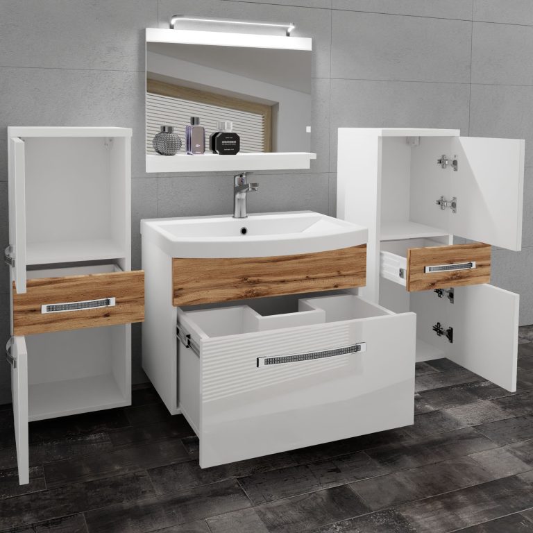 Badezimmermöbel Belini Premium Full Version Hochglanzweiß / Wotan-Eiche + Waschbecken + Spiegel + LED-Beleuchtung Glamour 74 Hersteller GLA PM 4/0/W/WDW/0/MB/PP