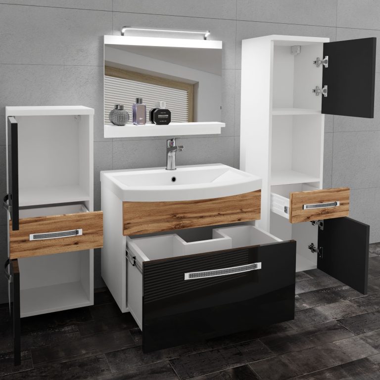 Badezimmermöbel Belini Premium Full Version Hochglanzschwarz / Wotan-Eiche + Waschbecken + Spiegel + LED-Beleuchtung Glamour 95 Hersteller GLA PM 5/0/W/BDW/0/MB/PP
