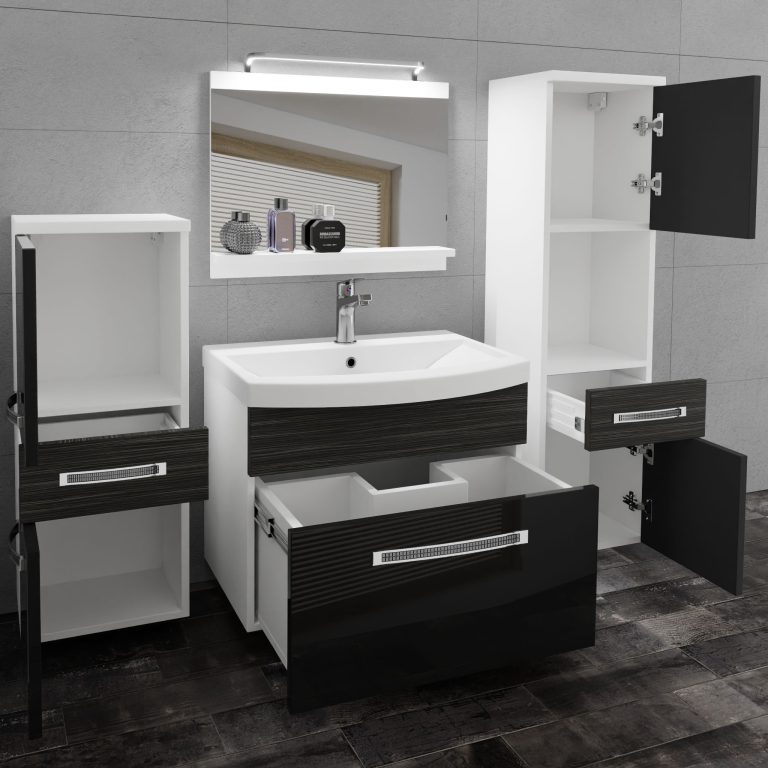 Badezimmermöbel Belini Premium Full Version Hochglanzschwarz / königliches Ebenholz + Waschbecken + Spiegel + LED-Beleuchtung Glamour 94 Hersteller GLA PM 5/0/W/BHK/0/MB/PP
