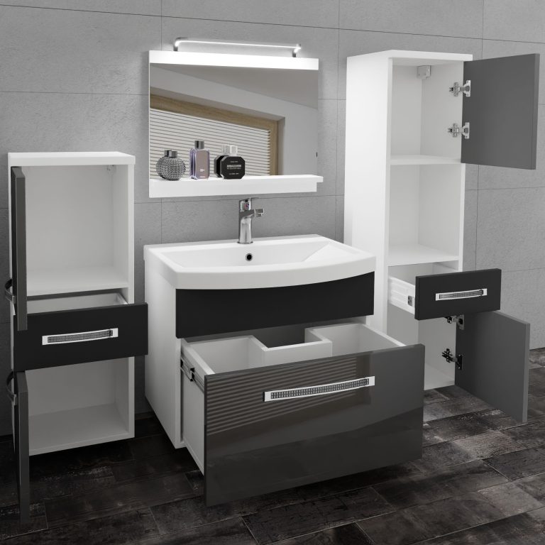 Badezimmermöbel Belini Premium Full Version Hochglanzgrau / Mattschwarz + Waschbecken + Spiegel + LED-Beleuchtung Glamour 89 Hersteller GLA PM 5/0/W/SB/0/MB/PP
