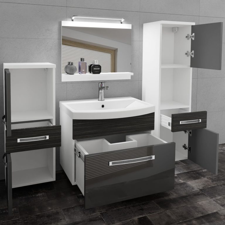 Badezimmermöbel Belini Premium Full Version Hochglanzgrau / königliches Ebenholz + Waschbecken + Spiegel + LED-Beleuchtung Glamour 90 Hersteller GLA PM 5/0/W/SHK/0/MB/PP
