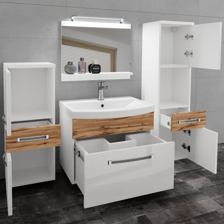Badezimmermöbel Belini Premium Full Version Hochglanzweiß / Wotan-Eiche + Waschbecken + Spiegel + LED-Beleuchtung Glamour 93 Hersteller GLA PM 5/0/W/WDW/0/MB/PP
