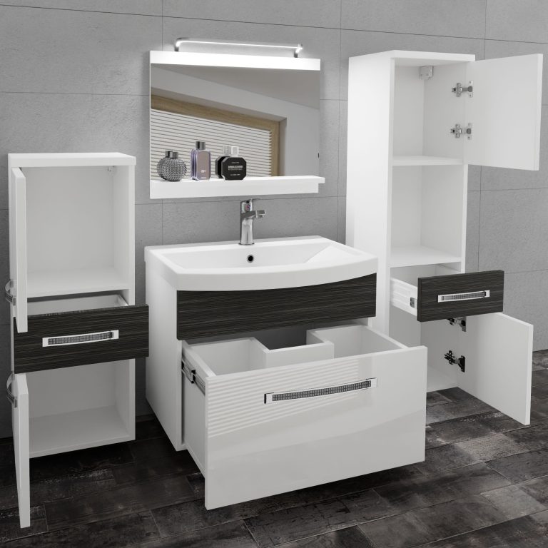 Badezimmermöbel Belini Premium Full Version Hochglanzweiß / königliches Ebenholz + Waschbecken + Spiegel + LED-Beleuchtung Glamour 92 Hersteller GLA PM 5/0/W/WHK/0/MB/PP

