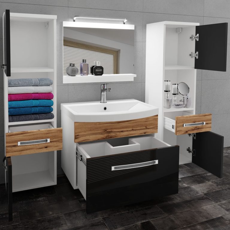 Badezimmermöbel Belini Premium Full Version Hochglanzschwarz / Wotan-Eiche + Waschbecken + Spiegel + LED-Beleuchtung Glamour 114 Hersteller GLA PM 6/0/W/BDW/0/MB/PP