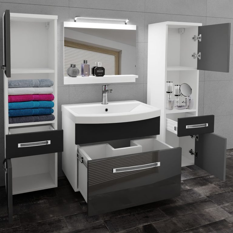 Badezimmermöbel Belini Premium Full Version Hochglanzgrau / Mattschwarz + Waschbecken + Spiegel + LED-Beleuchtung Glamour 108 Hersteller GLA PM 6/0/W/SB/0/MB/PP
