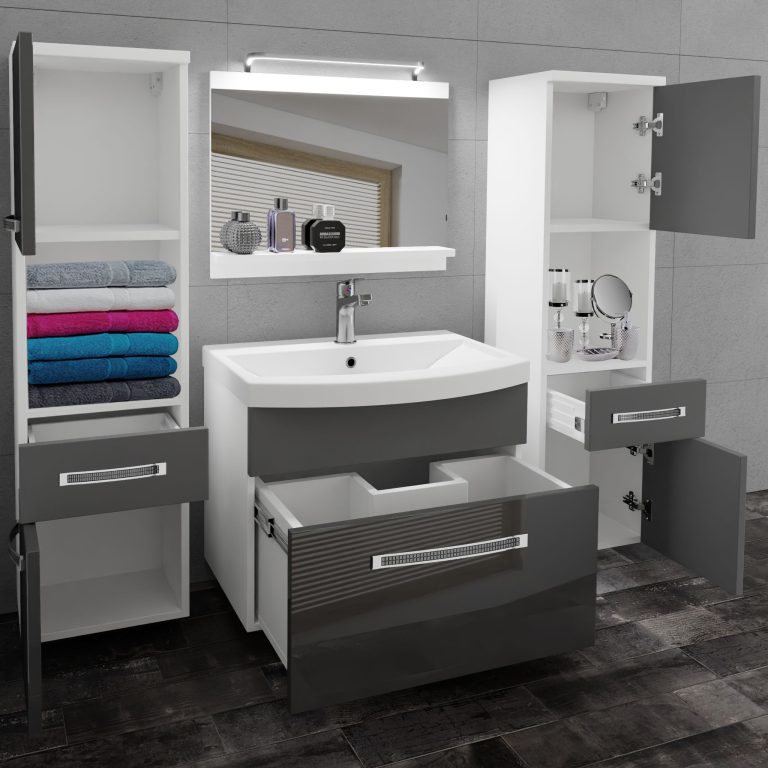 Badezimmermöbel Belini Premium Full Version Hochglanzgrau / Mattgrau + Waschbecken + Spiegel + LED-Beleuchtung Glamour 110 Hersteller GLA PM 6/0/W/SSR/0/MB/PP