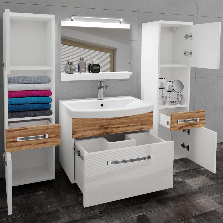 Badezimmermöbel Belini Premium Full Version Hochglanzweiß / Wotan-Eiche + Waschbecken + Spiegel + LED-Beleuchtung Glamour 112 Hersteller GLA PM 6/0/W/WDW/0/MB/PP
