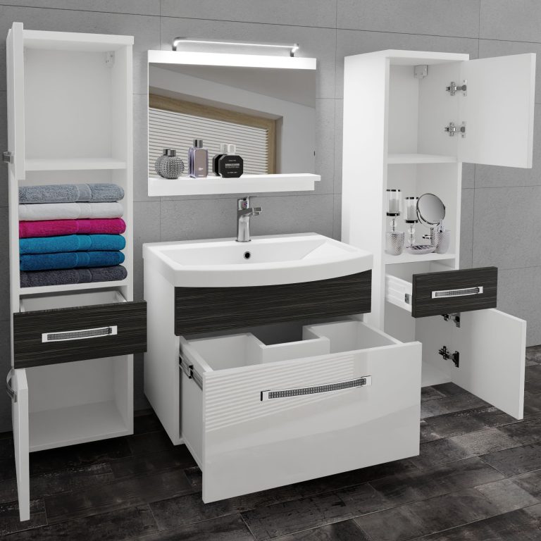Badezimmermöbel Belini Premium Full Version Hochglanzweiß / königliches Ebenholz + Waschbecken + Spiegel + LED-Beleuchtung Glamour 111 Hersteller GLA PM 6/0/W/WHK/0/MB/PP