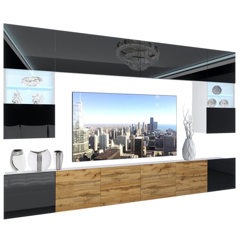Wohnwand Belini Premium Full Version Hochglanzschwarz / Wotan-Eiche+ LED-Beleuchtung Nexum 16 Hersteller NEX 1/0/W/BBDW/0/0/PP