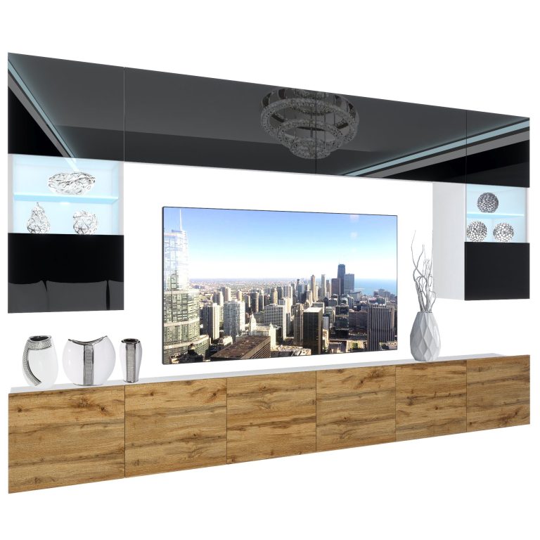 Wohnwand Belini Premium Full Version Hochglanzschwarz / Wotan-Eiche+ LED-Beleuchtung Nexum 13 Hersteller NEX 1/0/W/BDW/0/0/PP
