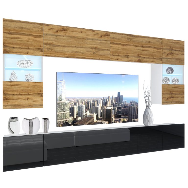 Wohnwand Belini Premium Full Version Wotan-Eiche / Hochglanzschwarz+ LED-Beleuchtung Nexum 10 Hersteller NEX 1/0/W/DWB/0/0/PP
