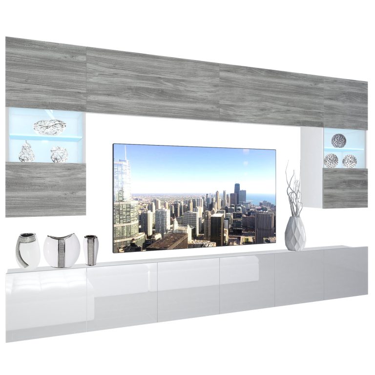 Wohnwand Belini Premium Full Version Grau Anthrazit Glamour Wood / Hochglanz weiß + LED-Beleuchtung Nexum 3 Hersteller NEX 1/0/W/GW1W/0/0/PP
