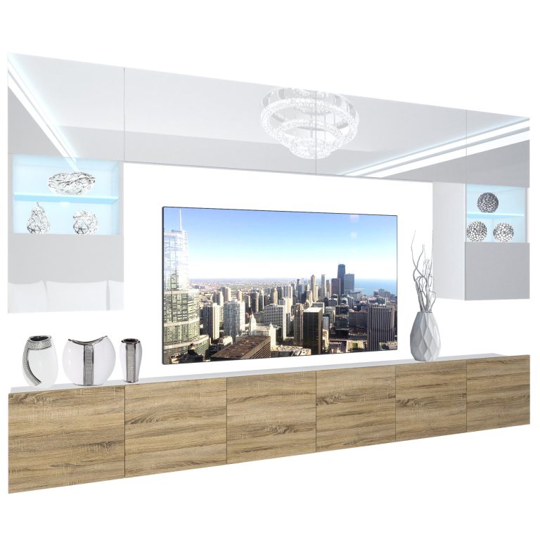 Wohnwand Belini Premium Full Version Hochglanz weiß-Sonoma Eiche + LED-Beleuchtung Nexum 4 Hersteller NEX 1/0/W/WDS/0/0/PP