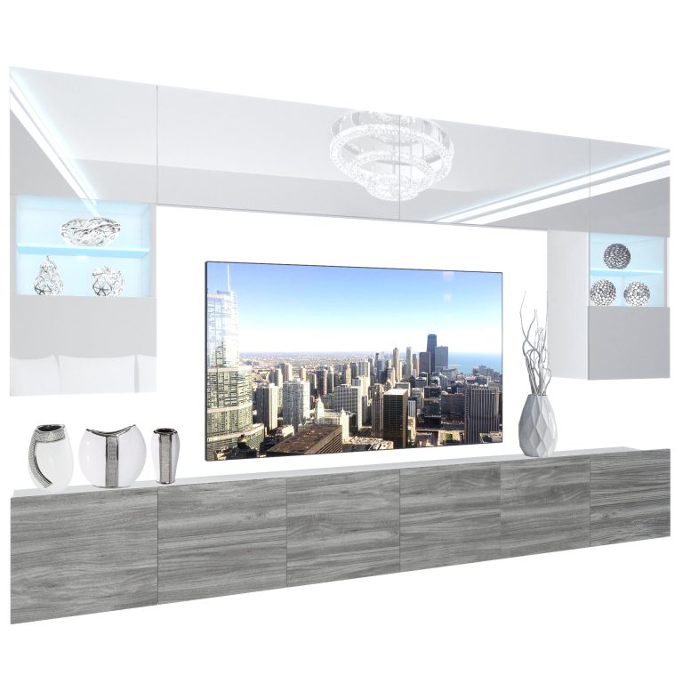 Wohnwand Belini Premium Full Version Hochglanz weiß / Grau Anthrazit Glamour Wood + LED-Beleuchtung Nexum 133 Hersteller NEX 1/0/W/WGW1/0/0/PP
