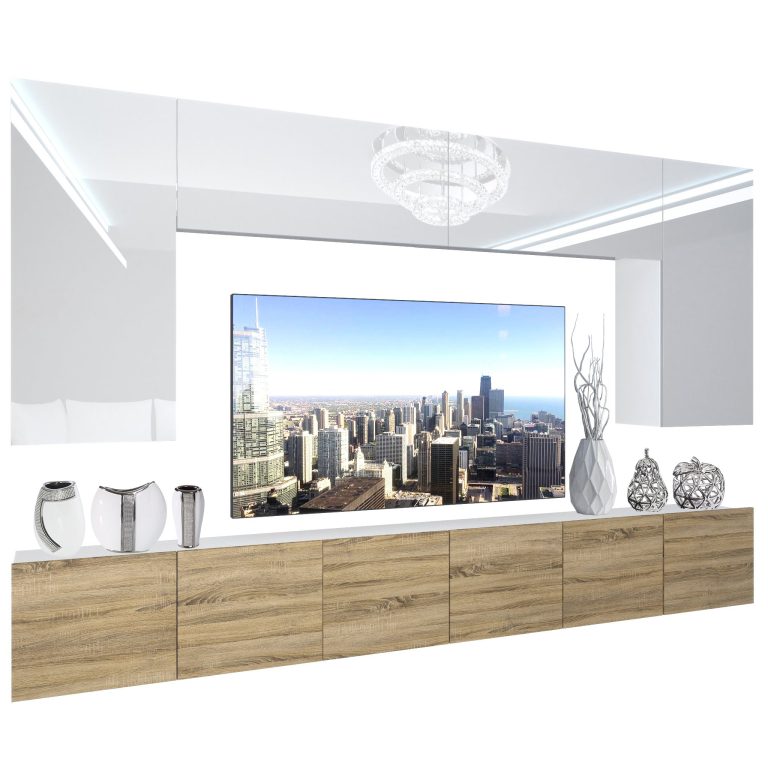 Wohnwand Belini Premium Full Version Hochglanz weiß-Sonoma Eiche + LED-Beleuchtung Nexum 21 Hersteller NEX 2/0/W/WDS/0/0/PP