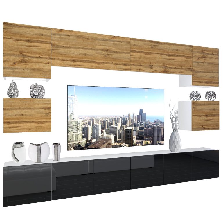 Wohnwand Belini Premium Full Version Wotan-Eiche / Hochglanzschwarz + LED-Beleuchtung Nexum 48 Hersteller NEX 3/0/W/DWB/0/0/PP