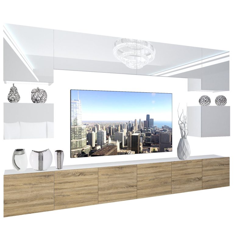 Wohnwand Belini Premium Full Version Hochglanz weiß-Sonoma Eiche + LED-Beleuchtung Nexum 42 Hersteller NEX 3/0/W/WDS/0/0/PP