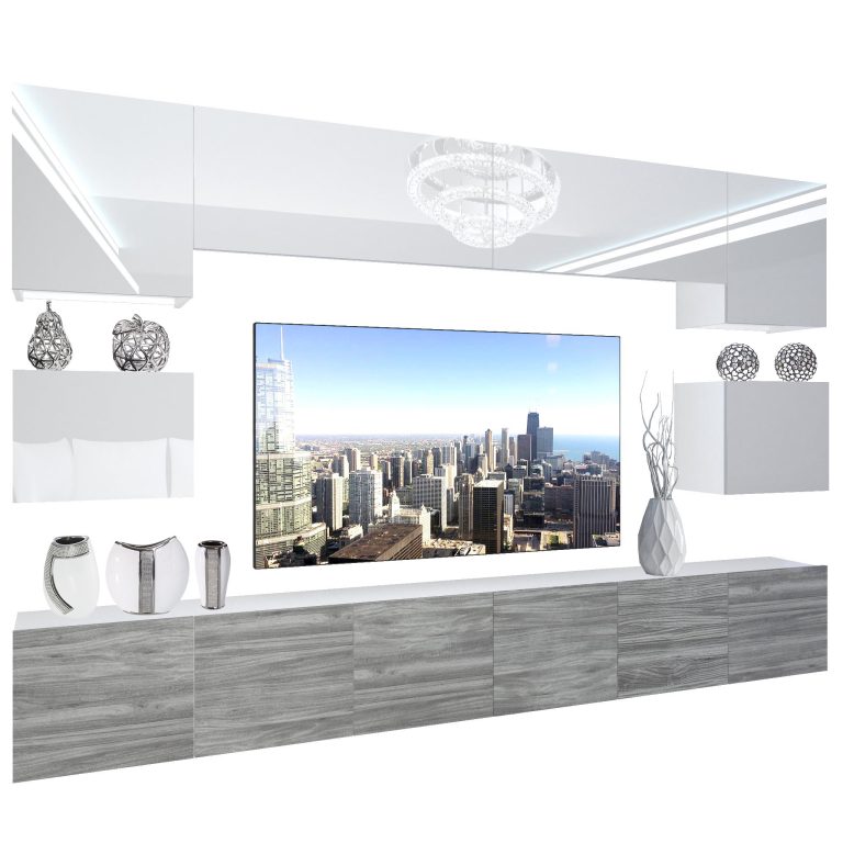 Wohnwand Belini Premium Full Version Hochglanz weiß / Grau Anthrazit Glamour Wood + LED-Beleuchtung Nexum 40 Hersteller NEX 3/0/W/WGW1/0/0/PP