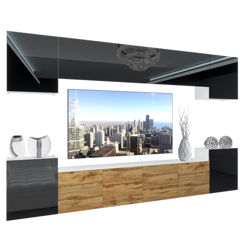Wohnwand Belini Premium Full Version Hochglanzschwarz / Wotan-Eiche + LED-Beleuchtung Nexum 70 Hersteller NEX 4/0/W/BBBDW/0/0/PP