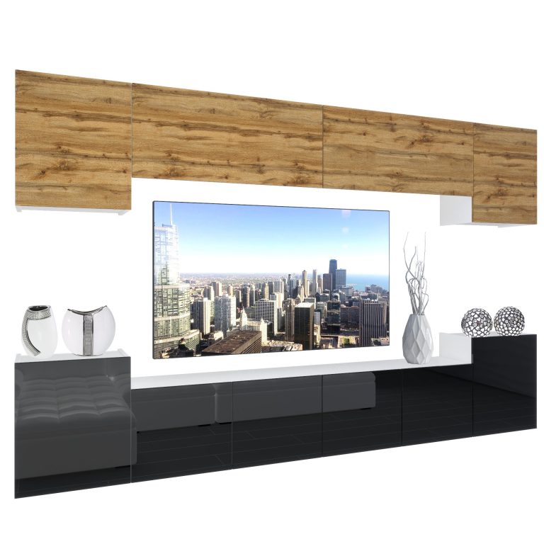Wohnwand Belini Premium Full Version Wotan-Eiche / Hochglanzschwarz + LED-Beleuchtung Nexum 66 Hersteller NEX 4/0/W/DWB/0/0/PP
