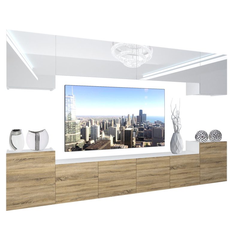 Wohnwand Belini Premium Full Version Hochglanz weiß-Sonoma Eiche + LED-Beleuchtung Nexum 59 Hersteller NEX 4/0/W/WDS/0/0/PP