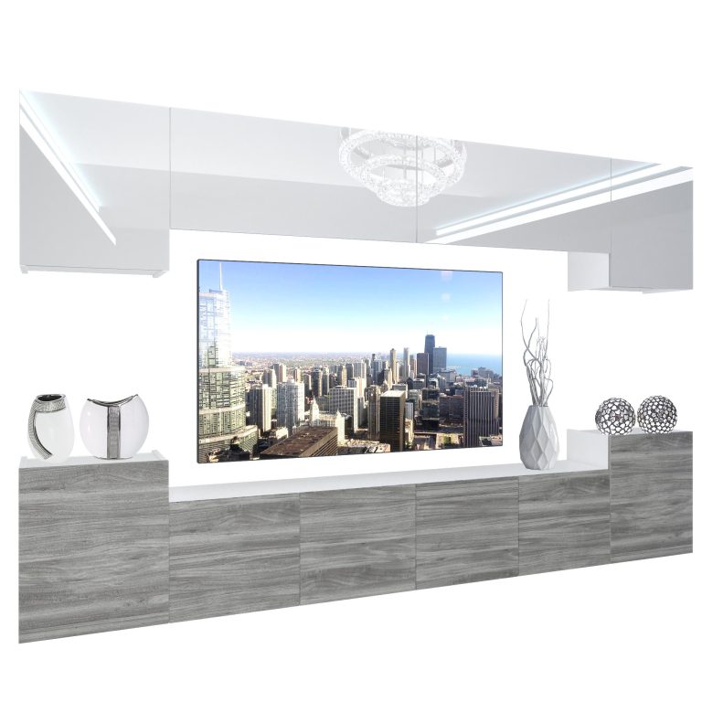 Wohnwand Belini Premium Full Version Hochglanz weiß-Grau Anthrazit Glamour Wood + LED-Beleuchtung Nexum 58 Hersteller NEX 4/0/W/WGW1/0/0/PP