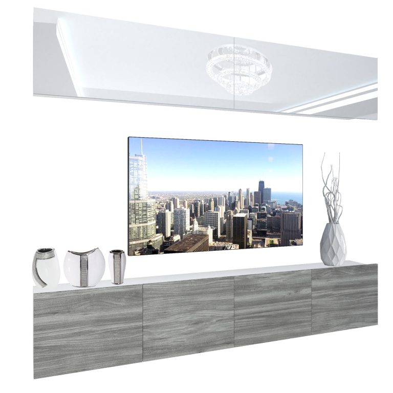 Wohnwand Belini Premium Full Version Hochglanz weiß / Grau Anthrazit Glamour Wood + LED-Beleuchtung Nexum 87 Hersteller NEX 6/0/W/WGW1/0/0/PP