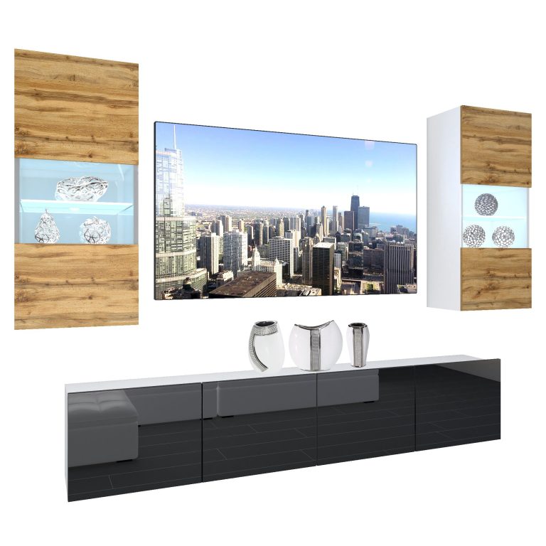Wohnwand Belini Premium Full Version Wotan-Eiche / Hochglanzschwarz + LED-Beleuchtung Nexum 108 Hersteller NEX 7/0/W/DWB/0/0/PP
