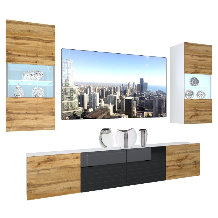Wohnwand Belini Premium Full Version Wotan-Eiche / Hochglanzschwarz + LED-Beleuchtung Nexum 109 Hersteller NEX 7/0/W/DWDWB/0/0/PP
