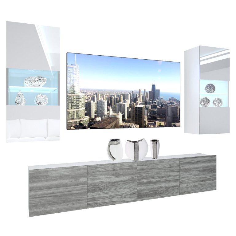 Wohnwand Belini Premium Full Version Hochglanz weiß / Grau Anthrazit Glamour Wood + LED-Beleuchtung Nexum 101 Hersteller NEX 7/0/W/WGW1/0/0/PP
