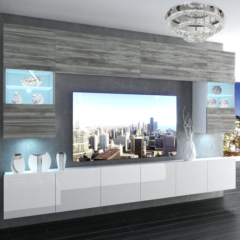 Wohnwand Belini Premium Full Version Grau Anthrazit Glamour Wood / Hochglanz weiß + LED-Beleuchtung Nexum 3 Hersteller NEX 1/0/W/GW1W/0/0/PP