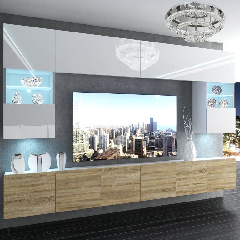 Wohnwand Belini Premium Full Version Hochglanz weiß-Sonoma Eiche + LED-Beleuchtung Nexum 4 Hersteller NEX 1/0/W/WDS/0/0/PP