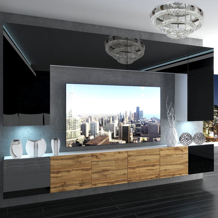 Wohnwand Belini Premium Full Version Hochglanzschwarz / Wotan-Eiche + LED-Beleuchtung Nexum 32 Hersteller NEX 2/0/W/BBDW/0/0/PP