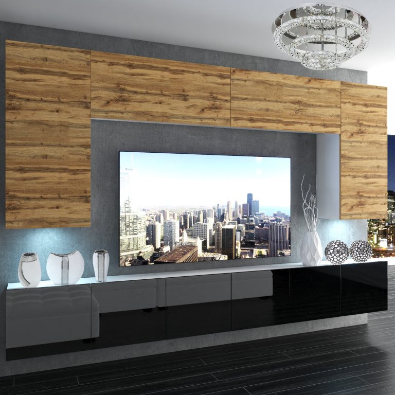 Wohnwand Belini Premium Full Version Wotan-Eiche / Hochglanzschwarz + LED-Beleuchtung Nexum 28 Hersteller NEX 2/0/W/DWB/0/0/PP