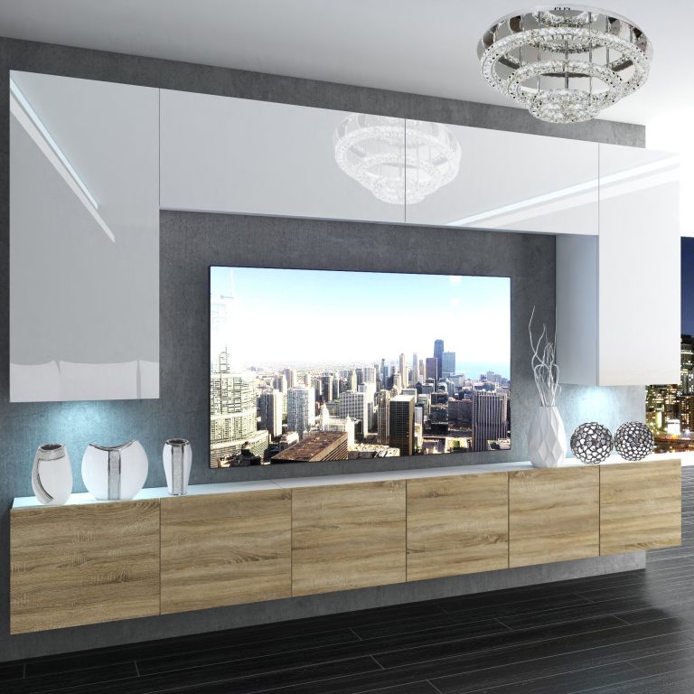 Wohnwand Belini Premium Full Version Hochglanz weiß-Sonoma Eiche + LED-Beleuchtung Nexum 21 Hersteller NEX 2/0/W/WDS/0/0/PP