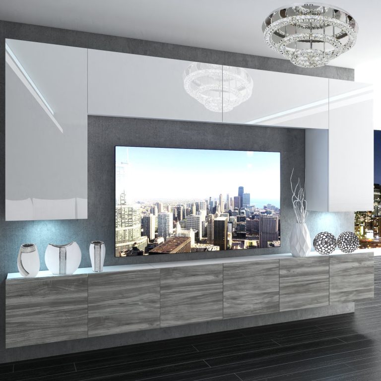 Wohnwand Belini Premium Full Version Hochglanz weiß-Grau Anthrazit Glamour Wood + LED-Beleuchtung Nexum 20 Hersteller NEX 2/0/W/WGW1/0/0/PP