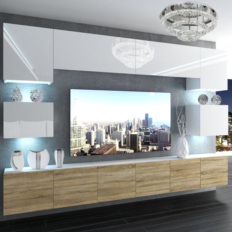 Wohnwand Belini Premium Full Version Hochglanz weiß-Sonoma Eiche + LED-Beleuchtung Nexum 42 Hersteller NEX 3/0/W/WDS/0/0/PP