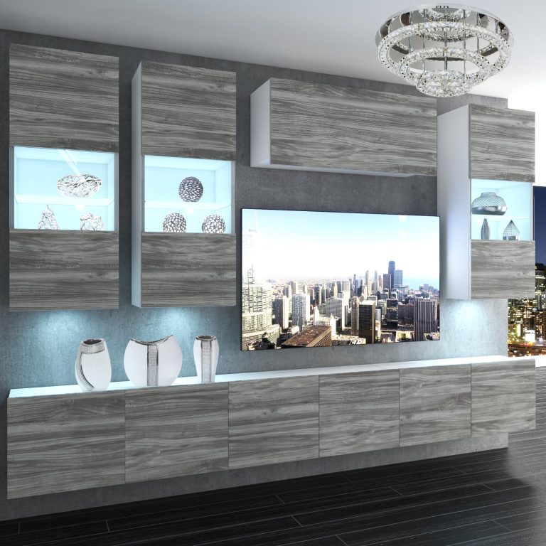 Wohnwand Belini Premium Full Version Grau Anthrazit Glamour Wood + LED-Beleuchtung Nexum 83 Hersteller NEX 5/0/W/GW1/0/0/PP