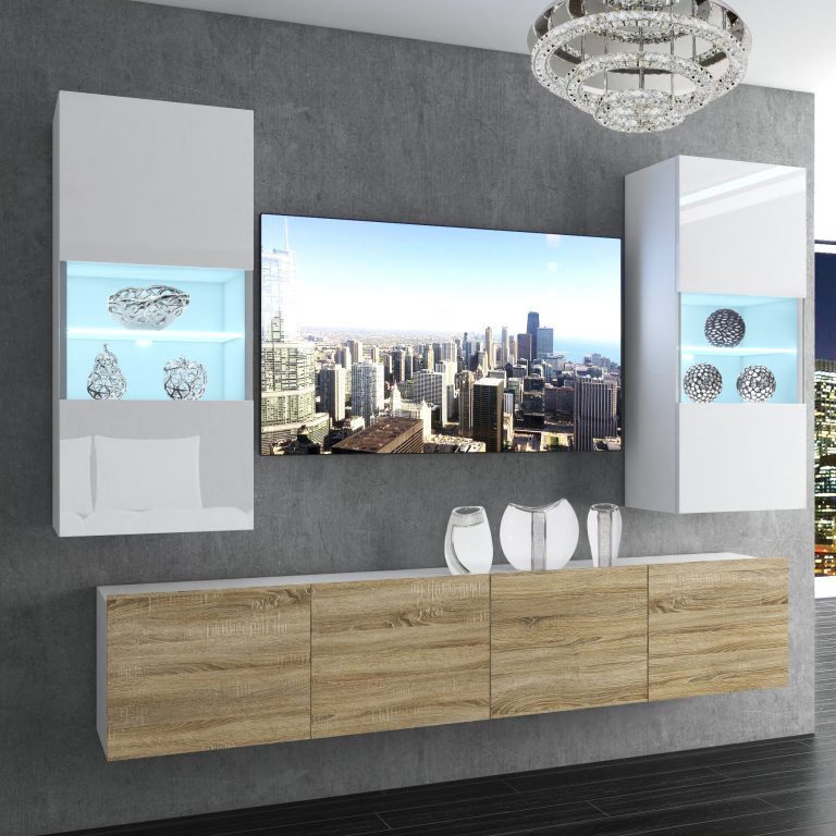 Wohnwand Belini Premium Full Version Hochglanz weiß / Sonoma Eiche + LED-Beleuchtung Nexum 102 Hersteller NEX 7/0/W/WDS/0/0/PP