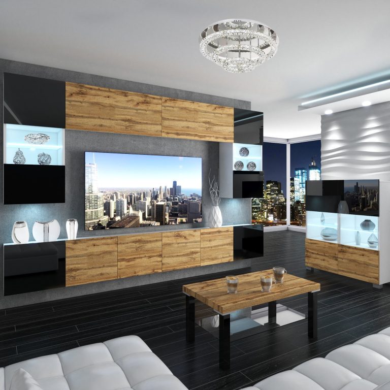 Wohnwand Belini Premium Full Version Hochglanzschwarz / Wotan-Eiche+ LED-Beleuchtung Nexum 14 Hersteller NEX 1/0/W/BDWBDW/0/0/PP