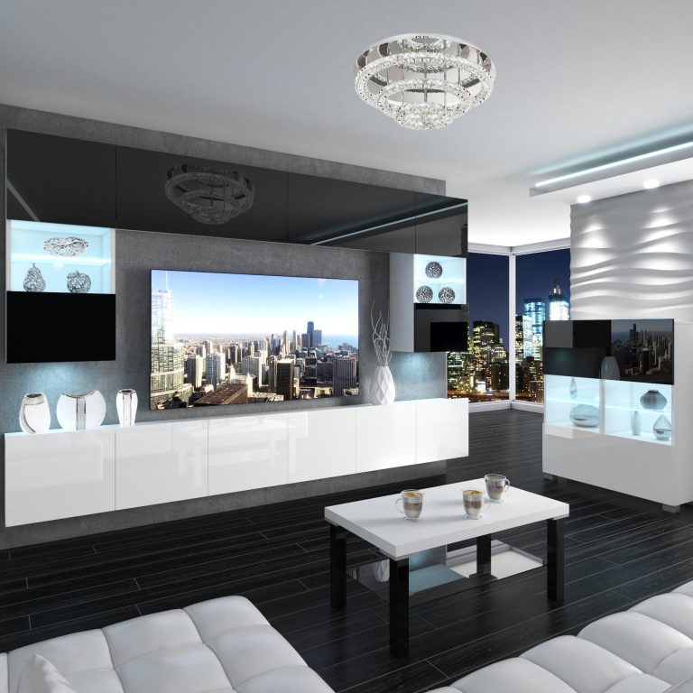 Wohnwand Belini Premium Full Version Hochglanz weiß-schwarz + LED-Beleuchtung Nexum 2 Hersteller NEX 1/0/W/BW/0/0/PP