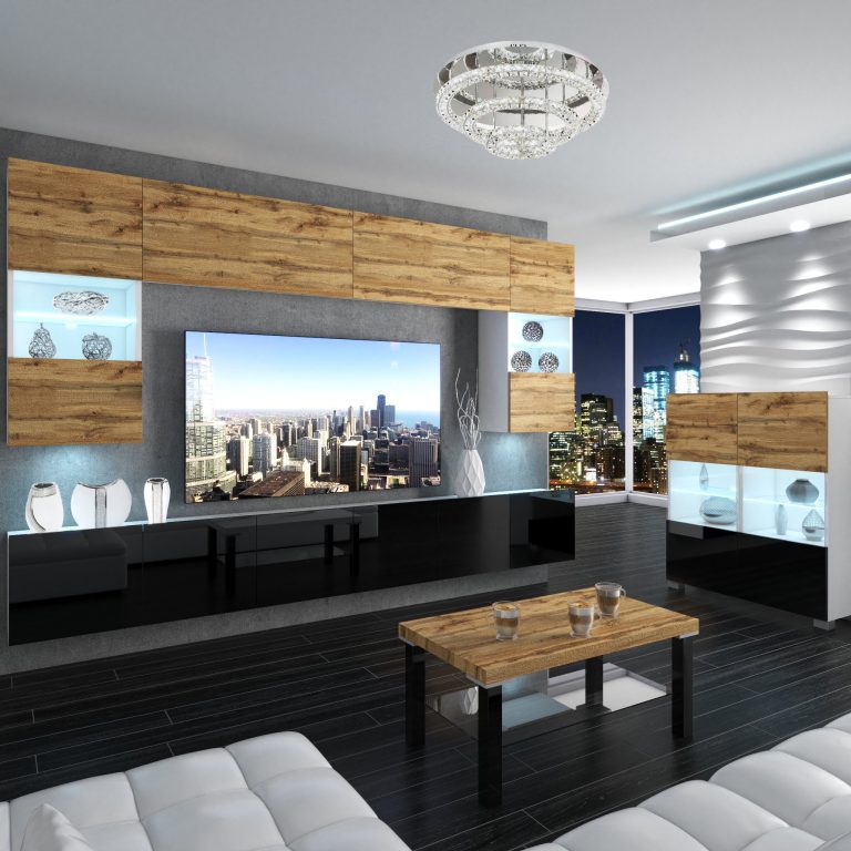 Wohnwand Belini Premium Full Version Wotan-Eiche / Hochglanzschwarz+ LED-Beleuchtung Nexum 10 Hersteller NEX 1/0/W/DWB/0/0/PP
