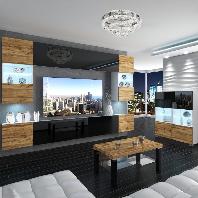 Wohnwand Belini Premium Full Version Hochglanzschwarz / Wotan-Eiche+ LED-Beleuchtung Nexum 15 Hersteller NEX 1/0/W/DWBDWB/0/0/PP