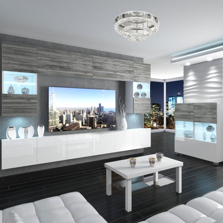 Wohnwand Belini Premium Full Version Grau Anthrazit Glamour Wood / Hochglanz weiß + LED-Beleuchtung Nexum 3 Hersteller NEX 1/0/W/GW1W/0/0/PP