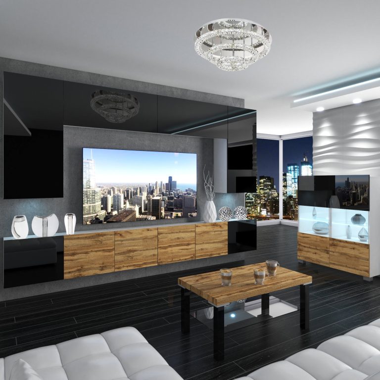 Wohnwand Belini Premium Full Version Hochglanzschwarz / Wotan-Eiche + LED-Beleuchtung Nexum 32 Hersteller NEX 2/0/W/BBDW/0/0/PP