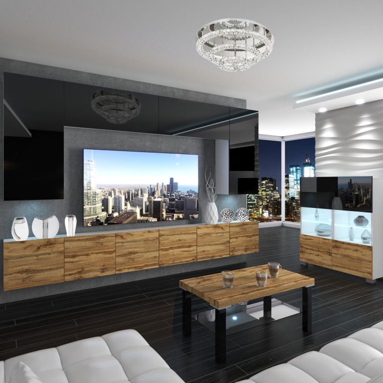 Wohnwand Belini Premium Full Version Hochglanzschwarz / Wotan-Eiche + LED-Beleuchtung Nexum 29 Hersteller NEX 2/0/W/BDW/0/0/ PP